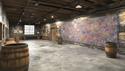 Industrial Interior with Colorful Mosaic Artwork.