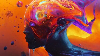 3d animation of a man with fire and purple brain on outer space background
