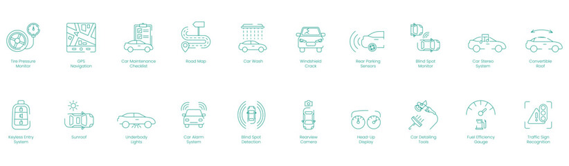 Tire Pressure Monitor, GPS Navigation, Car Maintenance Checklist, Road Map, Car Wash, Windshield Crack, Rear Parking Sensors, Blind Spot Monitor, Car Stereo System, Convertible Roof vector icon set