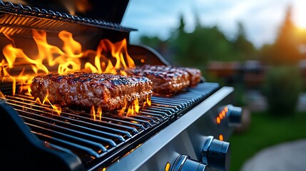Burgers sizzle on a gas grill, lively flames adding to the excitement of outdoor cooking.