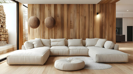 Modern living room featuring a cozy sectional sofa and wooden accents.