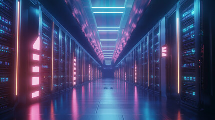 Futuristic data center with rows of servers and LED lighting