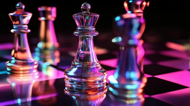 Glass chess pieces on a board with neon lights