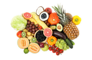 Different fresh vegetables and fruits isolated on white, top view