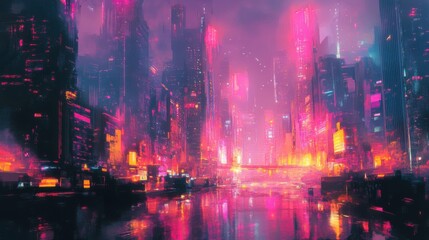 Fototapeta premium Abstract digital art of a cyberpunk-themed city with a blend of neon lights and dark shadows.