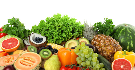 Different fresh vegetables and fruits isolated on white