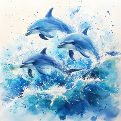 Watercolor Painting of Dolphins Jumping Out of the Ocean