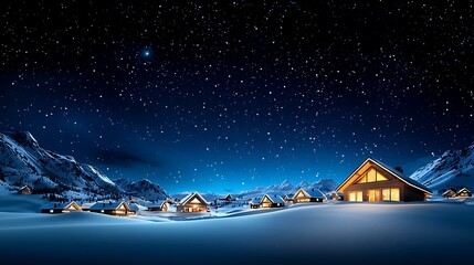 Naklejka premium A village of cozy cabins rests under a snowy mountain sky, stars twinkling overhead in a scene of serene beauty.