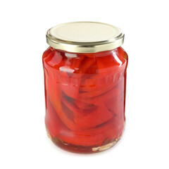 Tasty pickled bell peppers in jar isolated on white