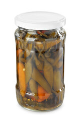 Tasty pickled jalapeno peppers in jar isolated on white