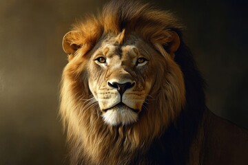 Obraz premium A stylized portrait of a lion with a majestic mane, blending realism with artistic elements.
