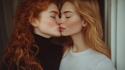 Naklejka premium Two women with red hair share an intimate kiss, while standing closely and displaying tender expressions on their faces