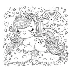 Cute and fabulous unicorn resting on the clouds. Coloring page for children. Art therapy for preschool and school children.