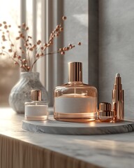 A luxurious collection of perfume bottles and beauty products arranged on a marble surface with natural light.