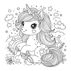 Dreamy cute unicorn sits among clouds. Coloring page for kids. Art therapy. Fine motor skills of hands.