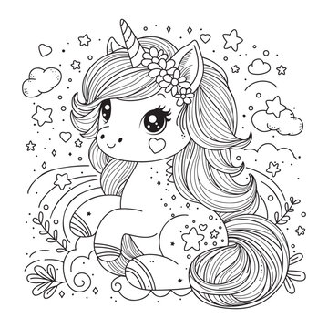 Dreamy cute unicorn sits among clouds. Coloring page for kids. Art therapy. Fine motor skills of hands.