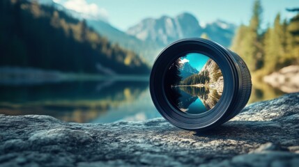 A close-up of a professional camera lens reflecting a scenic outdoor landscape.