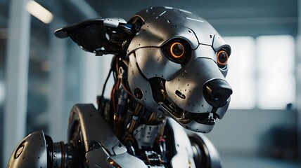 Android dog close-up. Future, high technology