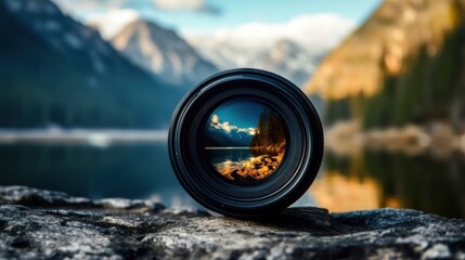 A close-up of a professional camera lens reflecting a scenic outdoor landscape.