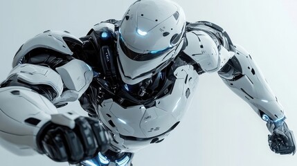 A detailed digital illustration of a futuristic robot in a dynamic action pose.