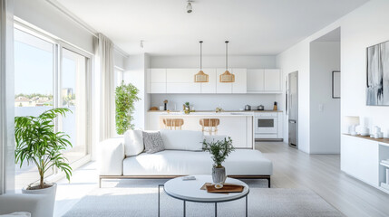 A bright and modern apartment with a white living room and kitchen.