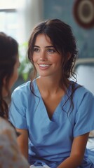 Fototapeta premium Woman in blue scrubs, smiling warmly, sits facing another person in a cozy, softly-lit room with plants