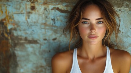Fototapeta premium Woman with brown hair and blue eyes stands against a textured wall, wearing a white tank top, looking relaxed