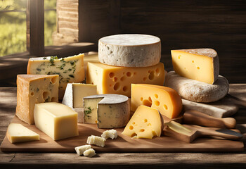 Photorealistic image of various kind of cheese served on wooden table, traditional pieces of french and italy hand-made cheese