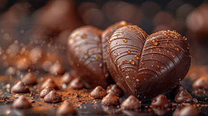 Two heart-shaped chocolates, representing Valentine's Day, love, romantic relationships, and sweet moments. Chocolates are set on a dark background, affection, passion, and expressions of love romance
