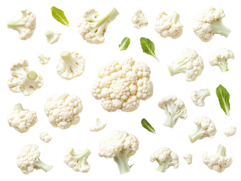 Top view of fresh cauliflower florets and leaves isolated on a white background, great for healthy eating and cooking concepts.