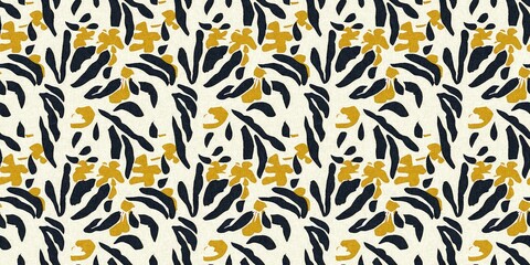 Modern printed fabric flower block print pattern with linen texture effect. Stylized boho dark floral for chic fashion background motif border design.
