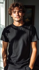 Obraz premium Young man with wavy hair, wearing a black t-shirt, stands in sunlight, casting shadows on his face
