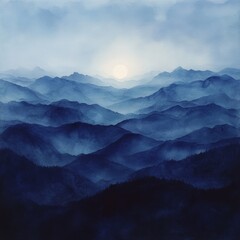 Fototapeta premium Blue Mountain Range Watercolor Painting Landscape