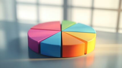 A high-resolution image of a 3D pie chart with colorful segments, displaying various data proportions and set against a clean, modern background.