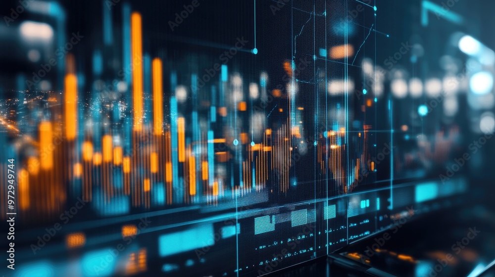 Poster a high-resolution image of a business graph on a computer screen, showing upward trends and data poi