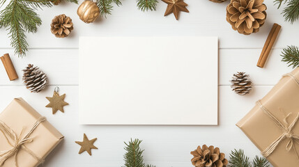 A simple greeting card mockup, blank card with Christmas decorations in the background. The focus is a flat card suitable for customizing with your own text or artwork.