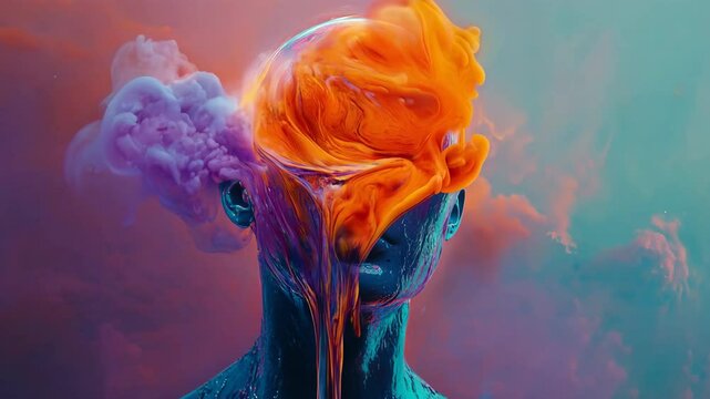 3d animation of a man with fire and purple brain on outer space background