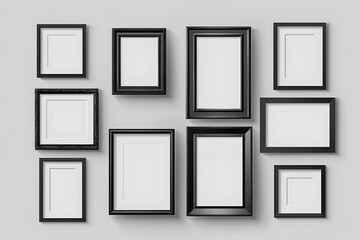Realistic picture frame mockup black border set. Isolated Black pictures frames mock-up. Home decoration, photography presentation, blank frame mockups. Vector illustration. Generative Ai.