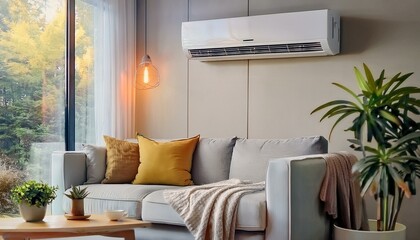 A modern, minimalist living room features a light grey sofa positioned against a white wall, beneath a mounted air conditioner.