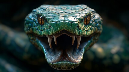Close-up image of a snake with its mouth open, showcasing its sharp fangs and striking green scales