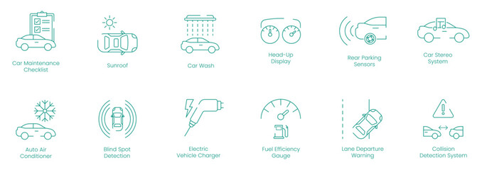 Car Maintenance Checklist, Sunroof, Car Wash, Head-Up Display, Rear Parking Sensors, Car Stereo System, Auto Air Conditioner, Blind Spot Detection, Windshield Wipers, Air Conditioning Vector Icon Set