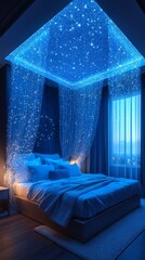 Cozy bedroom features a starry ceiling, sheer curtains, soft bedding, a nightstand, and a large window with a night view