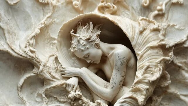 3D animation of a detailed sculpture of a sleeping figure in a sea shell