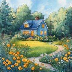 Watercolor Painting of a Blue House in a Flower Garden