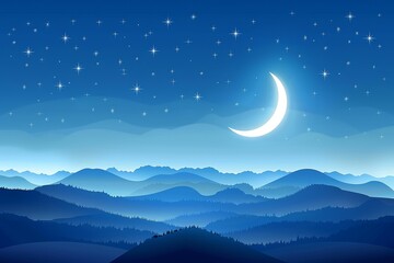 Serene Night Sky with Crescent Moon and Starry Night over Mountain Landscape, Minimalistic Design