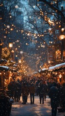Obraz premium Festive, bustling street market at dusk, adorned with twinkling lights, decorations, and snow, creating a magical winter atmosphere