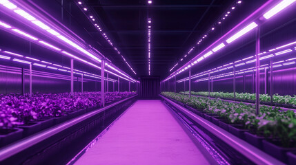 Fototapeta premium A computer-generated image shows a modern greenhouse with purple lights. Inside, plants grow using a water-based system, making a green salad farm.