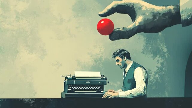 3D animation of a man at a typewriter under a giant hand with a red button