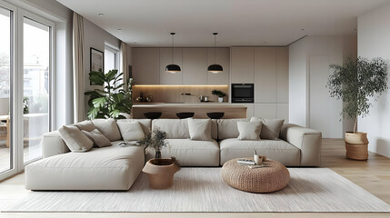Modern living room with a cozy sectional sofa and kitchen area, featuring natural elements.