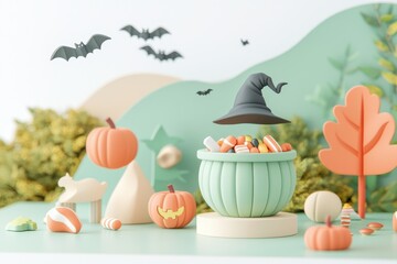 Obraz premium Spooky Halloween scene with pumpkins, candies, and decorations